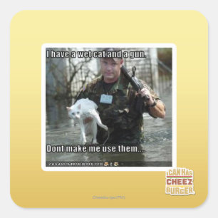 Nasse Katze und Gewehr Quadratischer Aufkleber