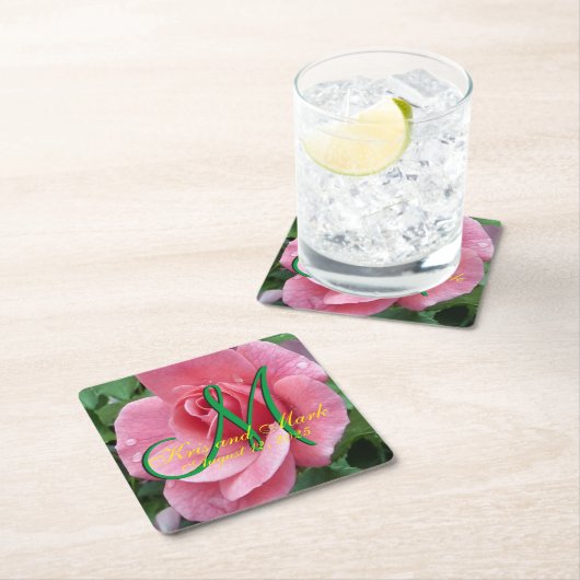 Nassrosa Monogramm Rechteckiger Pappuntersetzer (Vor Ort)