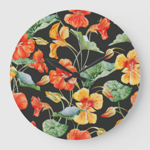 Nasturtium Orange: Dunkles Watercolor-Muster. Große Wanduhr