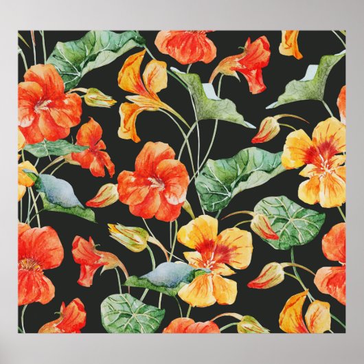 Nasturtium Orange: Dunkles Watercolor-Muster. Poster (Vorne)