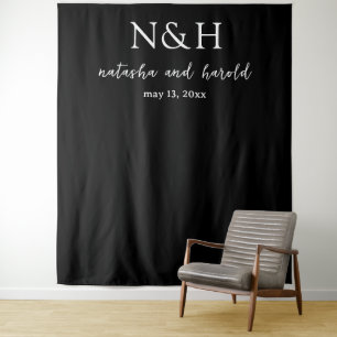 Natasha Black Monogram Modern Wedding Wandteppich