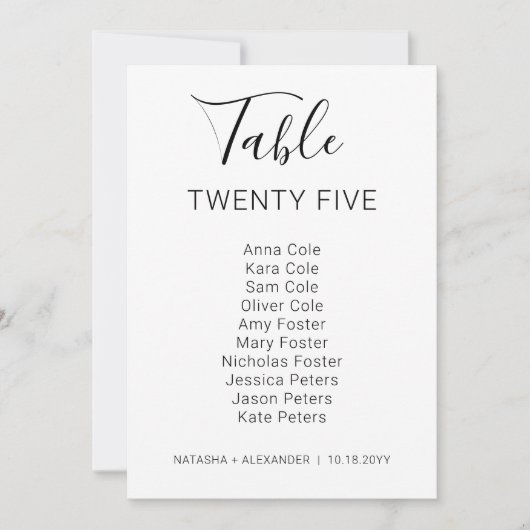 Natasha Modern Wedding Table Chart Card Karte (Vorderseite)