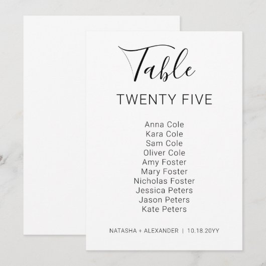 Natasha Modern Wedding Table Chart Card Karte (Vorne/Hinten)