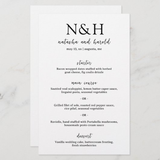 Natasha Monogram Modern Wedding Menu (Vorne/Hinten)
