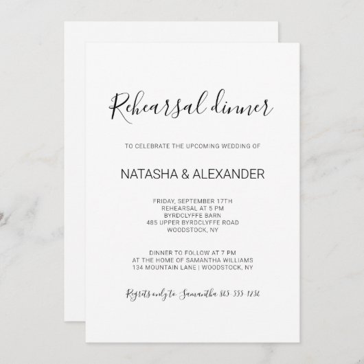 Natasha Rustic Black Calligraphy Probe Dinner Einladung (Vorne/Hinten)
