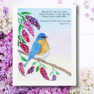 National Haiku Watercolor Blue Bird in Lilac Tree Postkarte