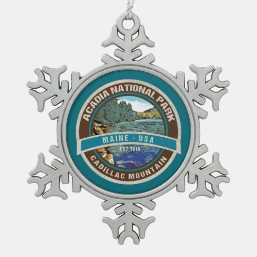 NATIONALER PARK CADILLAC BERGE FERIENWOHNUNG SCHNEEFLOCKEN Zinn-Ornament (Vorderseite)