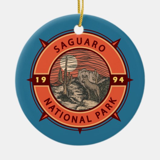 Nationalpark Saguaro Coyote Retro Kompass Emblem Keramik Ornament (Vorne)