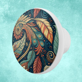 Native American Feather Swirl Terra Cotta Aquamari Keramikknauf