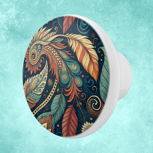 Native American Feather Swirl Terra Cotta Aquamari Keramikknauf