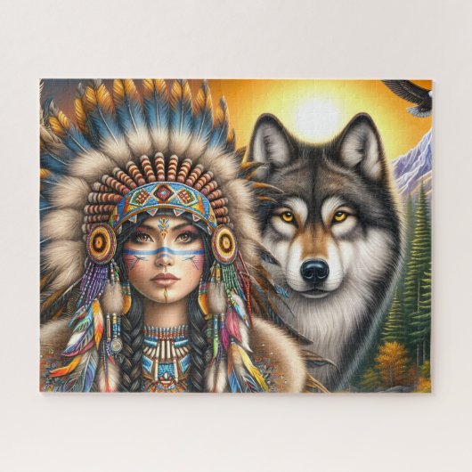 Native American Female With  Wolf Puzzle (Horizontal)
