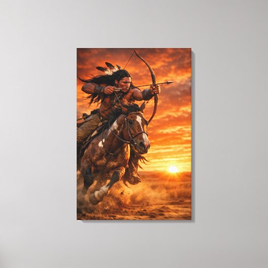 Native American Warrior on Galloping Horse Sunset Leinwanddruck (Vorderseite)