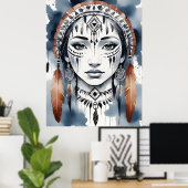 Native American Woman Portrait Feather Headdress Poster (Heimbüro)