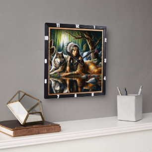 Native Earth Wolf Glade Guardian Still Quadratische Wanduhr