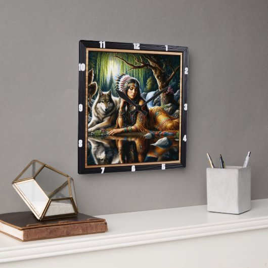 Native Earth Wolf Glade Guardian Still Quadratische Wanduhr (Büro)