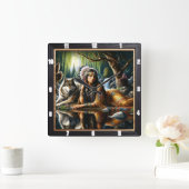 Native Earth Wolf Glade Guardian Still Quadratische Wanduhr (Zuhause)