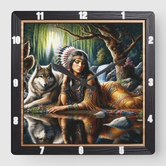 Native Earth Wolf Glade Guardian Still Quadratische Wanduhr (Vorderseite)