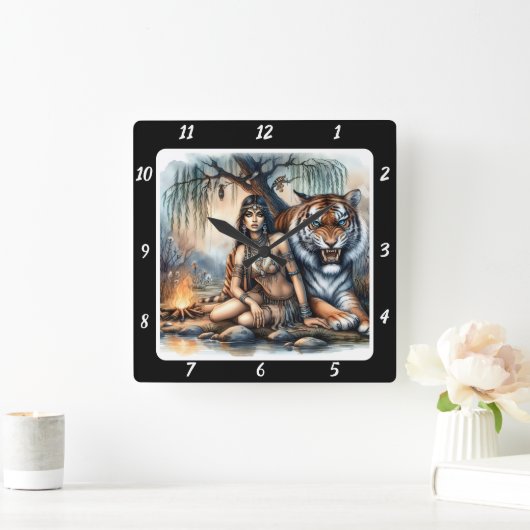 Native Essence: Forest's Heart Tiger Grace Quadratische Wanduhr (Zuhause)