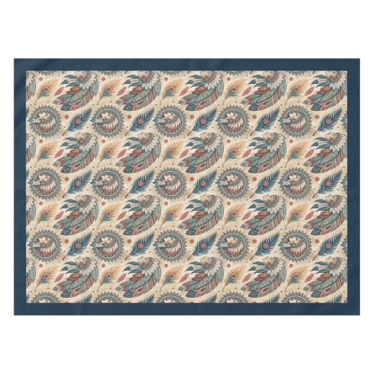 Native Ethnic Tribal Feathers pastellblaues Kupfer Tischdecke (Vorderseite (Horizontal))