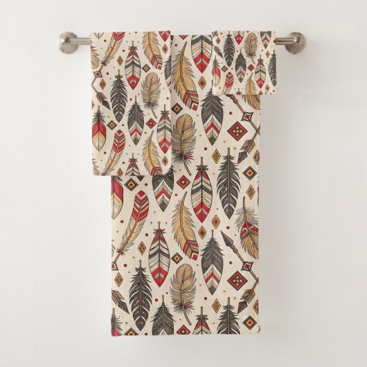 Native-Inspired Bath Towel Tribal Feather Pattern Badhandtuch Set (Insitu)