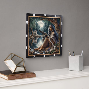 Native Mondlichtlichtung: Kunst des Weisheitsbewah Quadratische Wanduhr