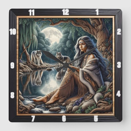 Native Moonlit Glade: Weisheit bewahrt Kunst Quadratische Wanduhr (Vorderseite)