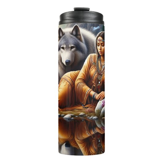 Native Tranquil Reflection, Woman und Wölfe. Thermosbecher (Vorderseite)