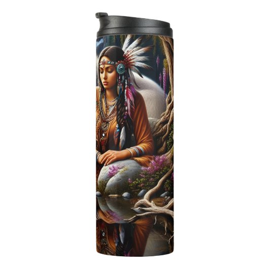 Native Tranquil Reflection, Woman und Wölfe. Thermosbecher (Nach rechts gedreht)