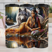 Native Tranquil Reflection, Woman und Wölfe. Thermosbecher