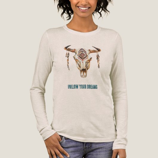 Native Tribal Bull Horns Skull Tri-Blend Shirt (Vorderseite)