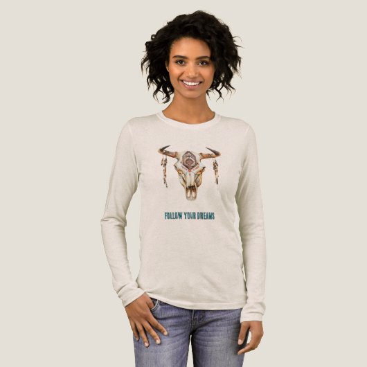 Native Tribal Bull Horns Skull Tri-Blend Shirt (Volle Vorderseite)