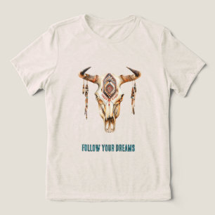 Native Tribal Bull Horns Skull Tri-Blend Shirt