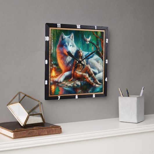 Native Vision: Mondlicht Glade Alte Weisheit Quadratische Wanduhr (Büro)