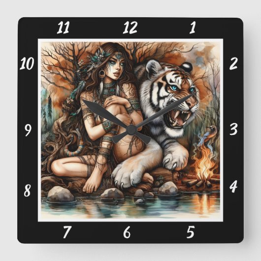 Native Vision: Tigerschaum-Mondlicht-Glade Quadratische Wanduhr (Vorderseite)