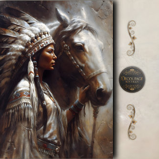 Native Woman & White Horse Headdress Decoupage Seidenpapier