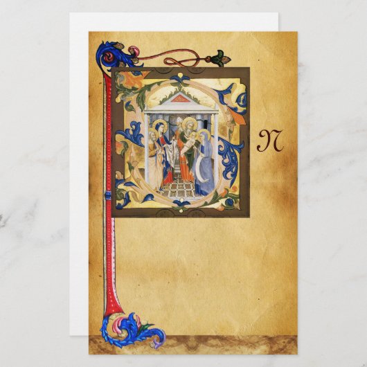 NATIVITÄTSPARCHMENT MIT FLORENTINISCHEM FLORALMONO BRIEFPAPIER (Vorne/Hinten)