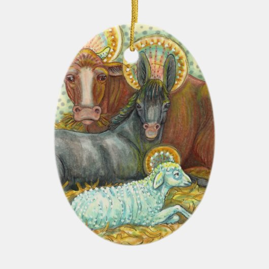 NATIVITÄTSTIERE IN STABIL, OX, DONKEY UND SCHAFE KERAMIK ORNAMENT (Vorne)