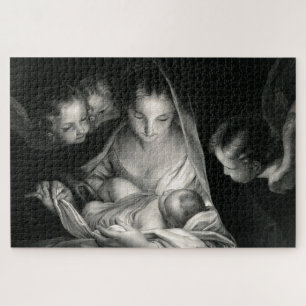 Nativity Baby Jesus Virgin Mary Angels Black White Puzzle