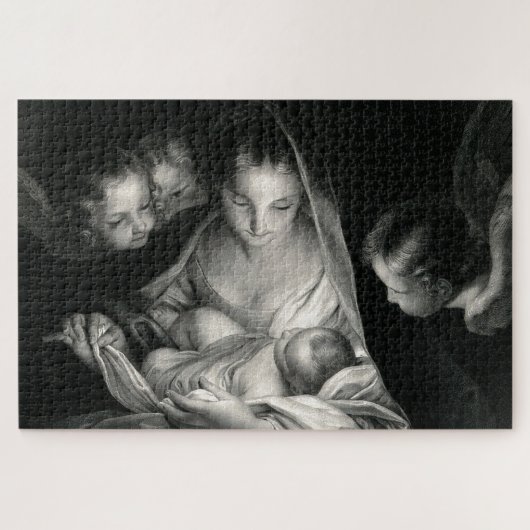 Nativity Baby Jesus Virgin Mary Angels Black White Puzzle (Horizontal)