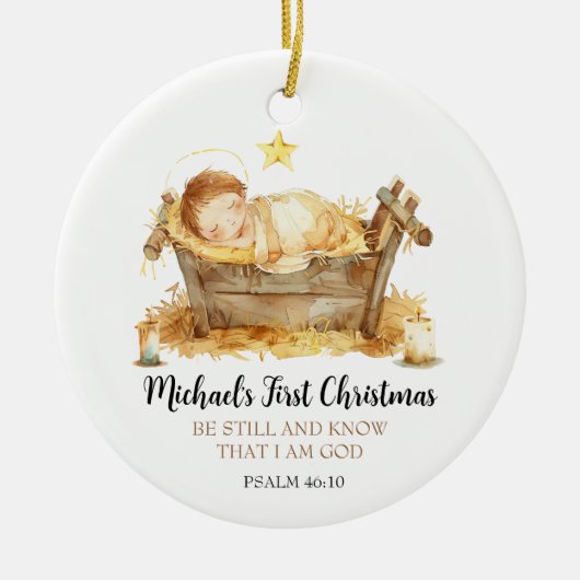 Nativity Bible Verse Baby's First Christmas Keramik Ornament (Vorne)