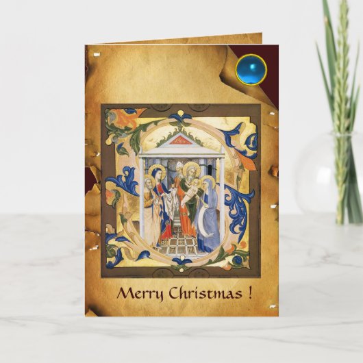 NATIVITY CHRISTMAS PARCHMENT Blue Gem Feiertagskarte (Vorderseite)