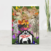 NATIVITY COLLAGE VINTAG ANGELS CHRISTMAS CARD