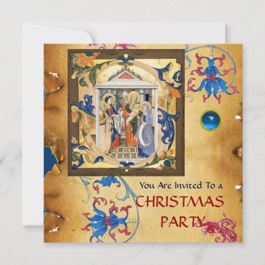 NATIVITY FLORAL CHRISTMAS PARCHMAS MIT BLUE GEM EINLADUNG (Vorderseite)