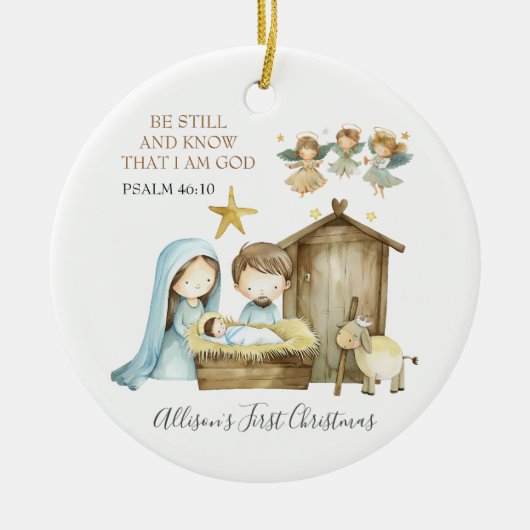 Nativity Manger Scene Bible Verse First Christmas Keramik Ornament (Vorne)