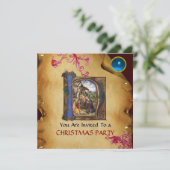 NATIVITY MONOGRAM CHRISTMAS PARCHMENT Blaues Gem I Einladung (Stehend Vorderseite)