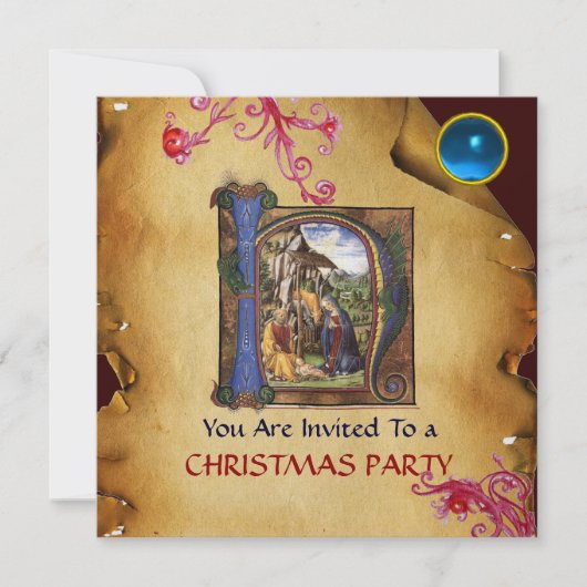 NATIVITY MONOGRAM CHRISTMAS PARCHMENT Blaues Gem I Einladung (Vorderseite)