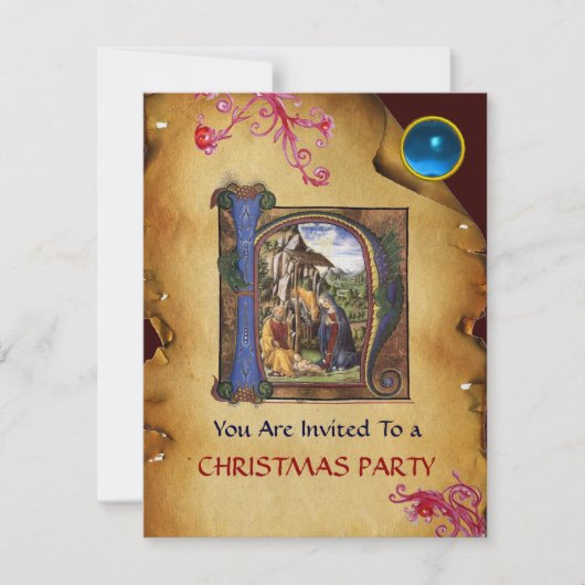 NATIVITY MONOGRAM CHRISTMAS PARCHMENT Blaues Gem I Einladung (Vorderseite)