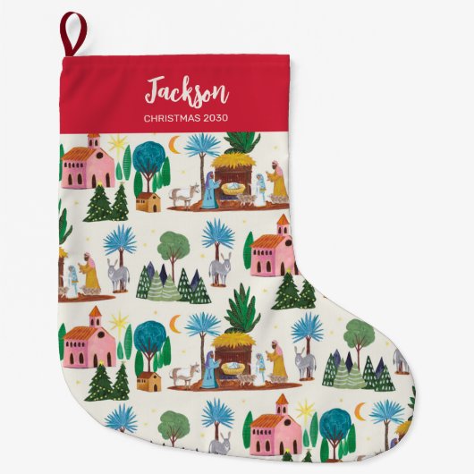 Nativity Scene Ecru Hand drawn Christmas Großer Weihnachtsstrumpf (Vorderseite)