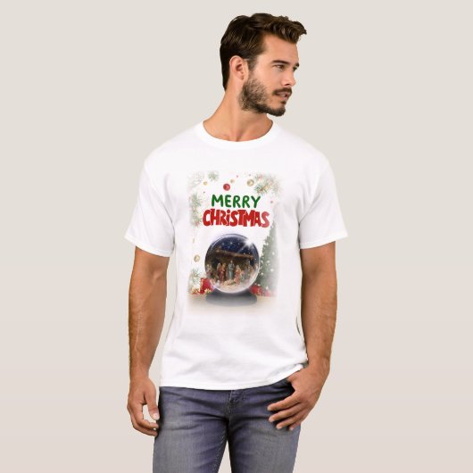 Nativity Scene in Christmas Snow Globe T-Shirt (Vorne ganz)