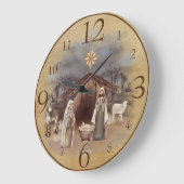 Nativity Scene on Brown Rustic Parchment Große Wanduhr (Winkel)